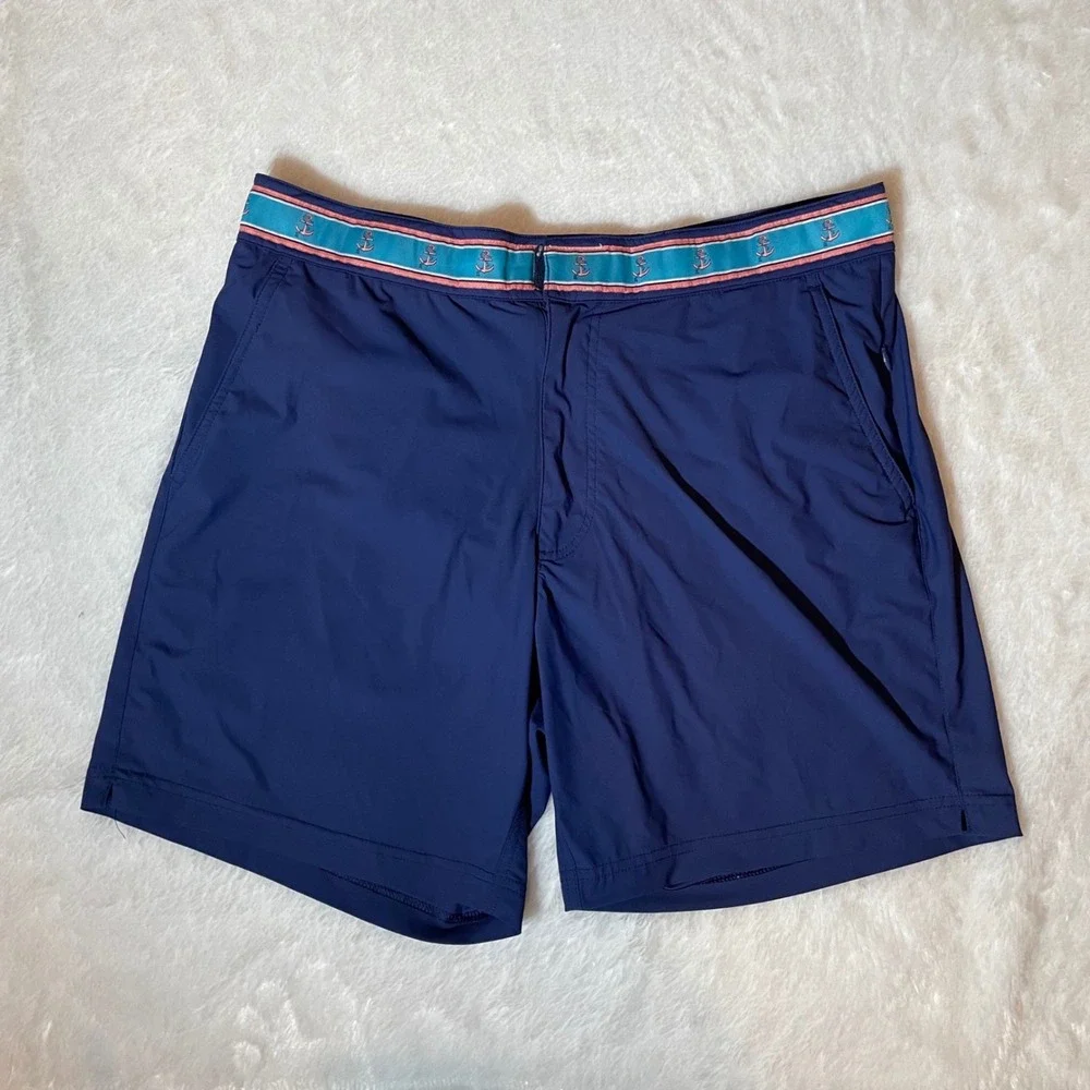 Okaicos Mens Navy Blue‎ Anchor Waistband Swim Trunks Board Shorts Sz 32 Coastal